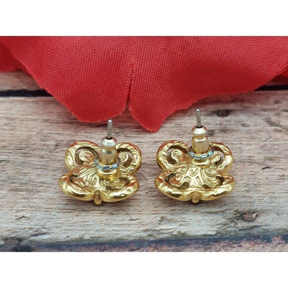 1928 Collection Gold Tone & Black Stud Earrings Small .5" Flower Crystal Accents - Picture 4 of 9